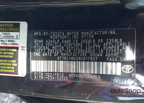 2009 Toyota Camry Le из США, поврежденный, VIN 4T1BE46K09U917807